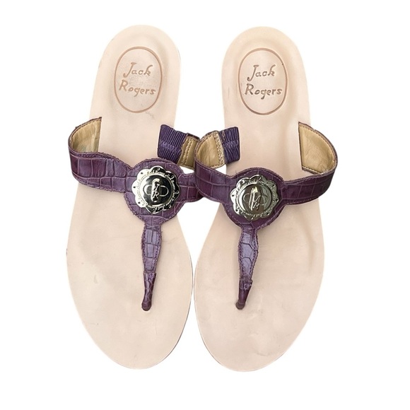 Jack Rogers Larissa purple crocodile print leather thong wedge sandals - Picture 1 of 11